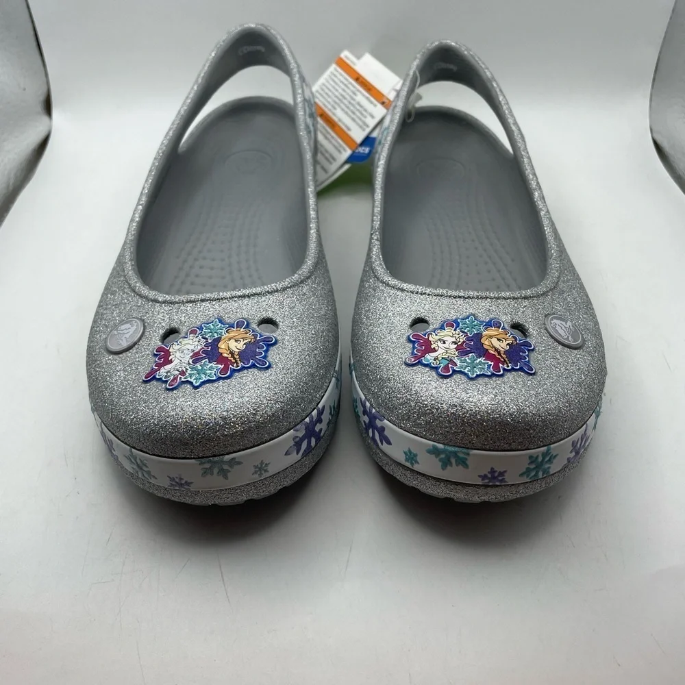 NEW! Crocs X Disney Frozen Genna II girls silver sparkly flats size 5Y